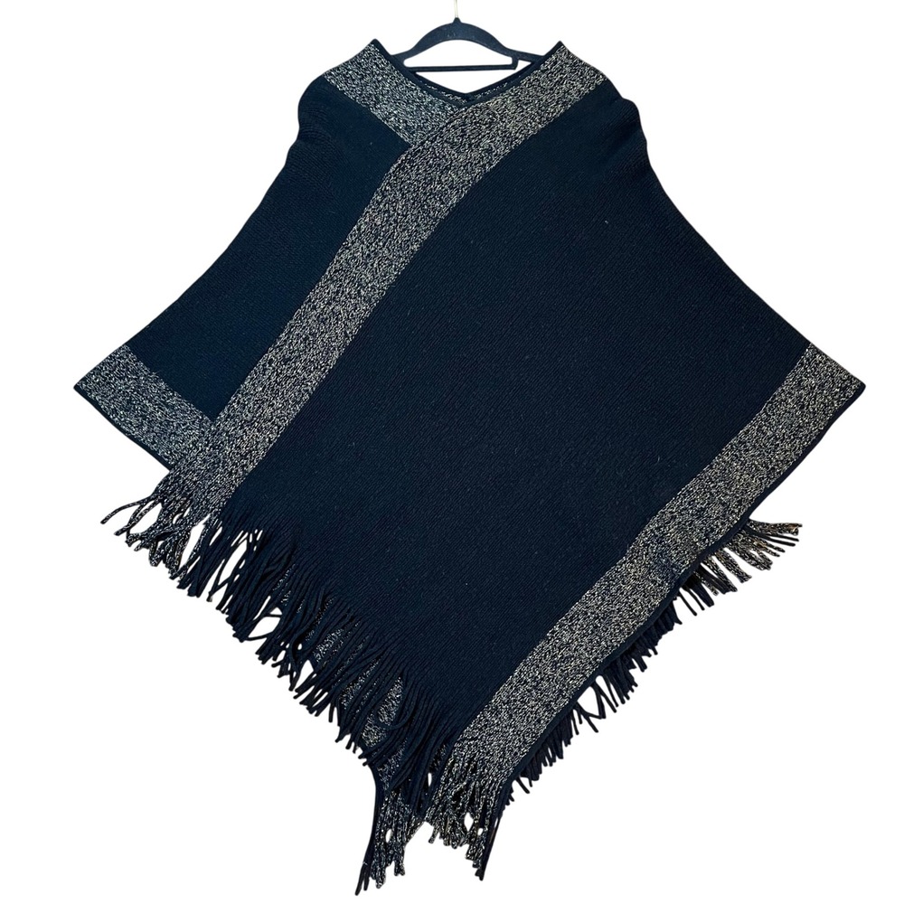 Cejon Y2K Black Poncho Cape‎ Gold Metallic Fringe Boho Fall One Size Fits Most